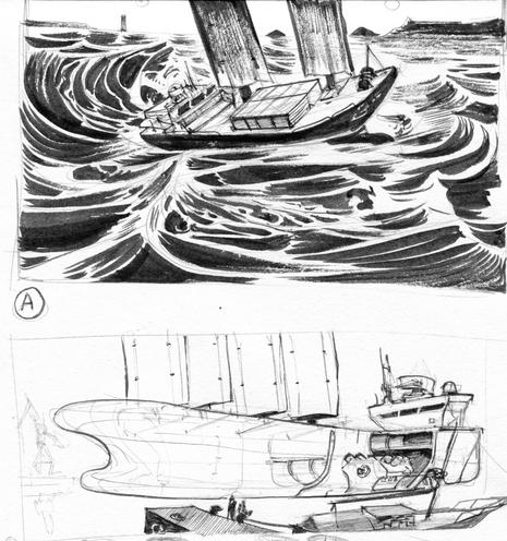 sketches in pencil and ink on paper showing a ship in a storm and a cross section seetrough on modern sail-assisted cargo ships.
