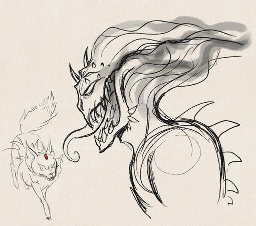 Boceto de trovador, ahora con un aspecto demoníaco, los cuernos más grandes, y el pelo como humo negro. A la izquierda hay un zorrito con una piedra roja en la frente.