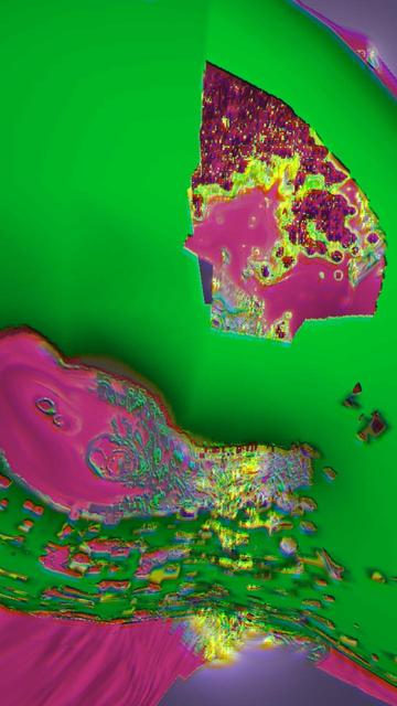 abstract cg landscape of green and pinkish blobs with semi random holes and intersections suggesting a kind of digital erosion process, with a background of yellow and pale pink glows