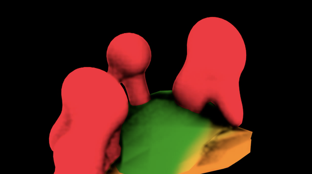 some red, softly morphing CG  amongus-esque creatures walking over a small chunk of green and orange landscape on a black background