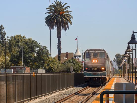 A Metrolink train was arriving at Perris station; it's the Rotem cab car.