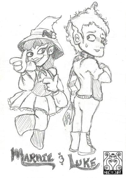 A chibi sketch of Marnie (a witch( and Luke (a goblin) from Halloweentown. Marnie is dressed up in a short skirt, vest, and long-sleeved shirt with puffy sleeves and has a small tie around her neck. Her witch’s hat is small and floppy with a bow and she’s giving finger guns towards the viewer while looking out of the corner of her eye at Luke. Luke is wearing a sweater and t-shirt with a scarf around his neck, pants, and boots. His back is facing Marnie, but he’s looking over his shoulder at her with a smile and a sweat drop on his cheek. Below them is the text, “Marnie & Luke”. Cthonyxa’s logo is on the bottom right.