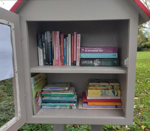 Na: De boeken die waren blijven staan, heb ik weggehaald, die breng ik binnenkort naar andere biebjes. In plaats daarvan heb ik de collectie vernieuwd. Fictie op de bovenste plank, kinderboeken en nonfictie op de onderste.