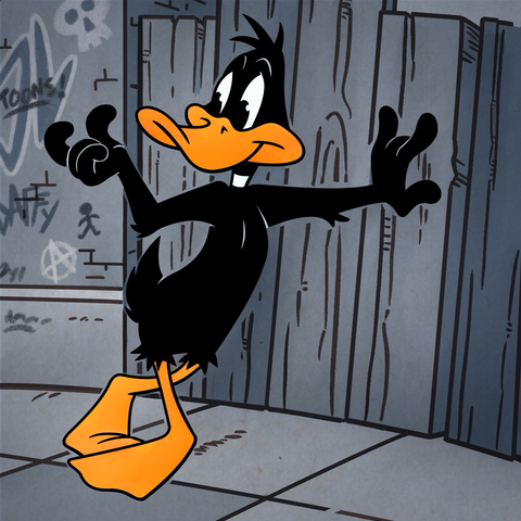 Anthropomorphic black duck standing with his legs crossed and  left hand on a fence and gesturing with his right hand.