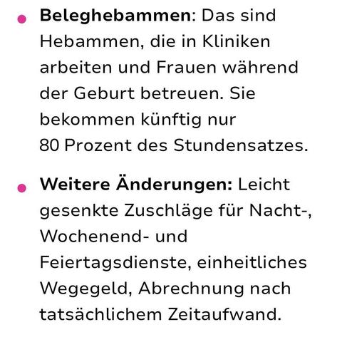 Beleghebammen: Das sind Hebammen, die in Kliniken arbeiten und Frauen während der Geburt betreuen. Sie bekommen künftig nur 80 Prozent des Stundensatzes.
Weitere Änderungen: Leicht gesenkte Zuschläge für Nacht-, Wochenend- und Feiertagsdienste, einheitliches Wegegeld, Abrechnung nach tatsächlichem Zeitaufwand.