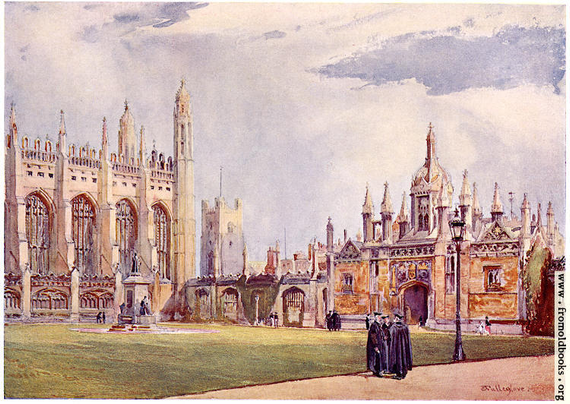The outside of the chapel of King’s College with some formally-dressed people (students or Fellows) on the path.