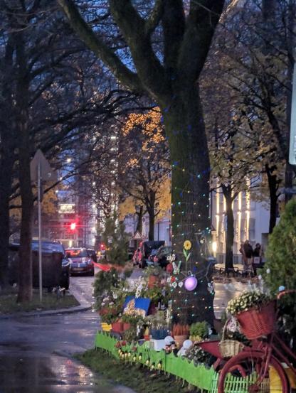 Eine herbstliche nasse Straße bei Nacht in einer Großstadt. Neben einem Fahrradweg ist um einem großen Baum ein grüner Minizaun gesteckt worden. Darin sind alle möglichen Blumentöpfe Heidekraut und Nippes zu sehen. Um den Baumstamm ist eine bunte Lichterkette geschlungen. Im Vordergrund ein rostiges Fahrrad mit einem Blumentopf im Korb am Lenker