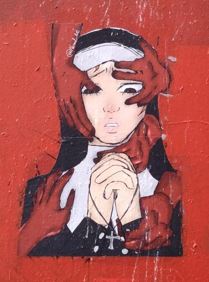 A collage of a nun on a red well with 5 hands grabbing her head, neck and arms