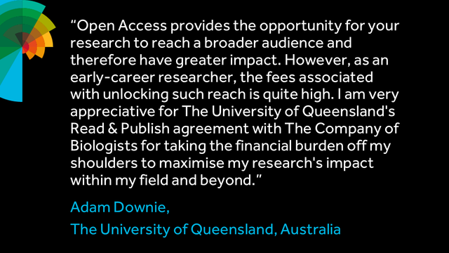 "Open Access provides the opportunity for your research to reach a broader audience and therefore have greater impact. However, as an early-career researcher, the fees associated with unlocking such reach is quite high. I am very appreciative for The University of Queensland's Read & Publish agreement with The Company of Biologists for taking the financial burden off my shoulders to maximise my research's impact within my field and beyond."