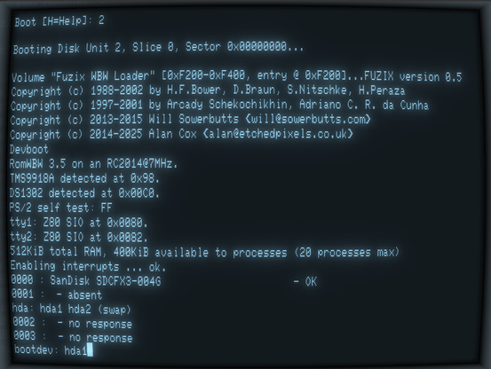 Terminal screenshot of the boot process of the FUZIX 8-bit UNIX operating system.  At the boot prompt "bootdev:" the user has entered "hda1" as boot device