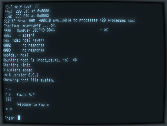 Terminal screenshot of thelocal login prompt of the FUZIX 8-bit UNIX operating system.