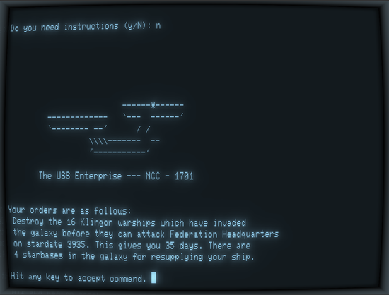 Terminal screenshot of the boot process of the FUZIX 8-bit UNIX operating system. There is an ASCII art of the legendary NCC-1701 "Enterprise" and the introductory text of the Star Trek text game.