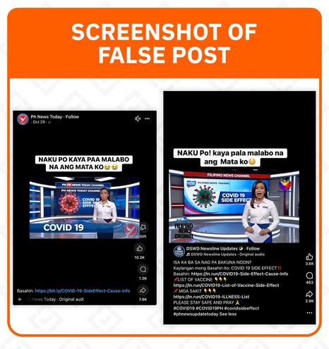 <p><strong>Claim:</strong> All those who received a COVID-19 vaccine will develop diseases like cancer, heart problems, and vision loss, while a link shows which specific vaccines have side effects.</p>



<h5 class="wp-block-heading" id="h-rating-false">Rating: FALSE</h5>



<p><strong>Why we fact-checked this:</strong> Several posts bearing the false claim have been circulating on Facebook, with the latest one garnering 1 million views, 10,200 reactions, and 7,900 shares. Pages spreading the claim often present themselves as news outlets, with names like “Ph News Today” and “DSWD Newsline Updates.”</p>



<p>All the posts use a video patterned after a newscast. A female anchor highlights various illnesses like cancer, heart problems, and vision loss as side effects of the COVID-19 vaccine.</p>



<p>Viewers are then urged to click the links in the posts’ captions to know which types of vaccines will cause specific side effects.</p>



<figure class="wp-block-image size-full"><img alt="Advertisement, Poster, Adult" class="wp-image-3105331" height="1354" src="https://www.rappler.com/tachyon/2025/11/2023-fact-check-full-post.jpg" width="1275" /></figure>



<p><strong>The facts:</strong> Link checkers show that the links attached to these posts lead to shopping and possible phishing sites.</p>



<p>Scanning tool <a href="https://urlscan.io/result/019a483f-0918-744a-8aa8-be1ec904a300/" rel="noreferrer noopener" target="_blank">urlscan.io</a> shows that one of the links goes to