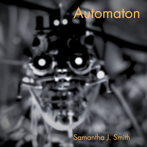 A black and white photo of a blurry insect like automaton staring at you. The album title and musicians name is in orange.
