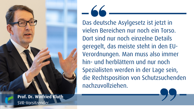 Foto von Prof. Kluth mit Zitat: "Das deutsche Asylgesetz ist jetzt in vielen Bereichen nur noch ein Torso. Dort sind nur noch einzelne Details geregelt, das meiste steht in den EU-Verordnungen. Man muss also immer hin- und herblättern und nur noch Spezialisten werden in der Lage sein, die Rechtsposition von Schutzsuchenden nachzuvollziehen. "