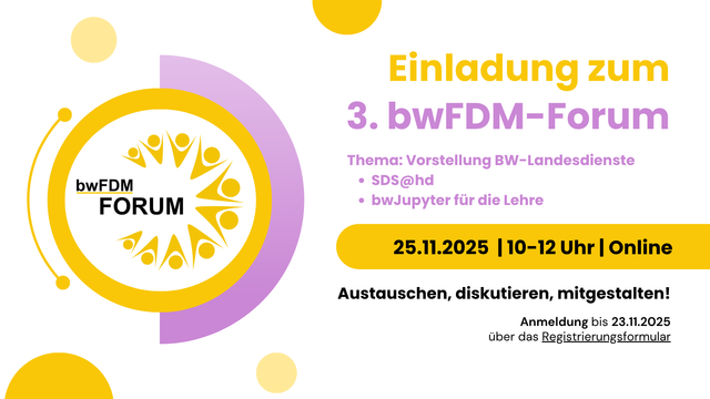 Das Bild zeigt alle Informationen wie im Text beschrieben als Einladungskarte inkl Logo von bwFDM.