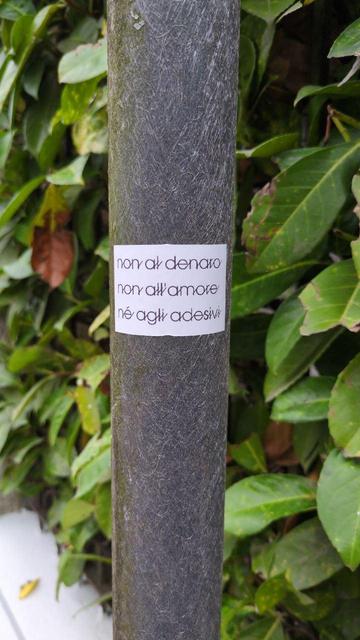 Adesivo bianco con scritta nera: "non al denaro, non all'amore, né agli adesivi"

L'adesivo è attaccato su un palo stradale. Sullo sfondo la siepe perimetrale di una casa.