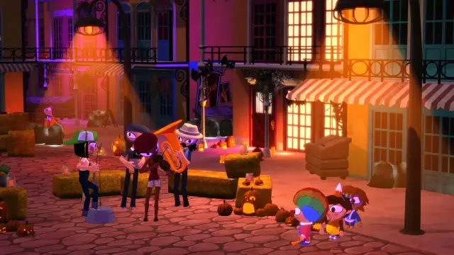 Screenshot of Costume Quest 2. The player's party, consisting of three children in Halloween costumes, is near the lower-right corner of the screen. The scene is a city street with cobblestone pavement, and there's a band of street musicians playing near some haybales. The game uses a cartoony, cel-shaded art style. The characters have disproportionately-large heads (the children more so than the adults) with large almond-shaped eyes.