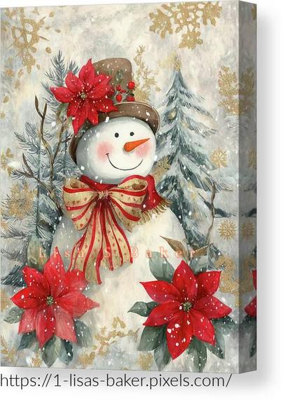 Poinsettias Snowman / Holiday Art by Lisa S Baker. A cheerful snowman stands amidst a wintry landscape adorned with vibrant red poinsettias. The snowman, with a joyful expression, wears a top hat decorated with berries and a large bow around its neck. Golden snowflakes and frosty trees in the background add an enchanting touch.