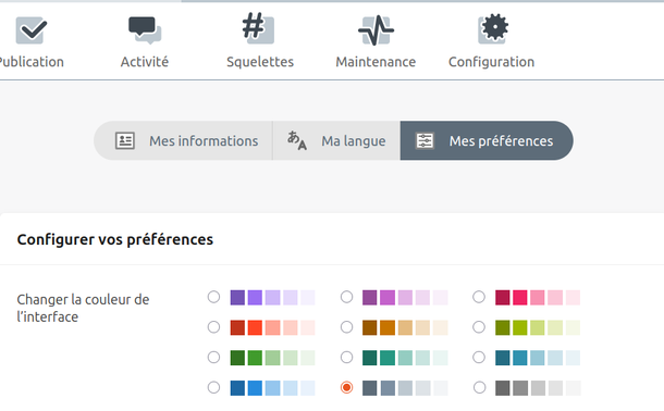 Capture de l'interface d'administration du CMS  SPIP, préférences, palettes des couleurs de l'interface, avec le choix de différents nuanciers.
