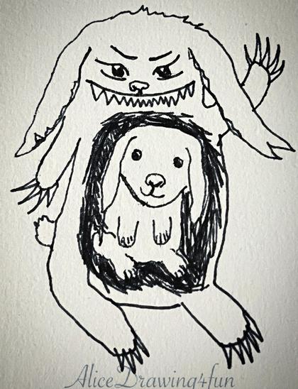 black and white drawing of an evil looking rabbit with a big smile, showing many sharp teeth and paws with big claws. Inside the stomach of this creature there is a smaller and more gentle looking rabbit.