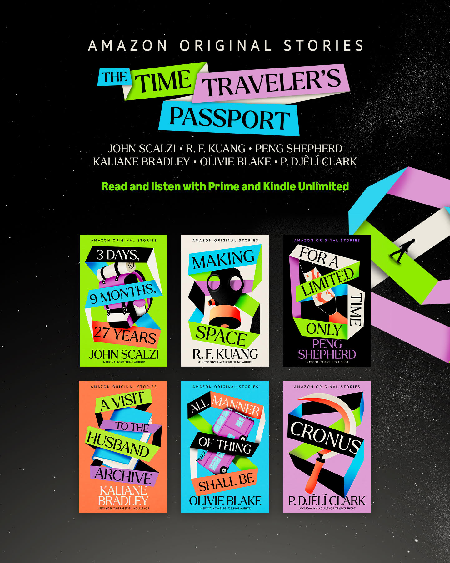 An advertisement for The Time Traveler's Passport, with the titles of our short stories: 3 Days, 9 Months, 27 Years (me), Making Space (Kuang), For a Limited Time Only (Shepard), A Visit to the Husband Archive (Bradley), All Manner of Thing Shall Be (Blake) and Cronus (Clark)