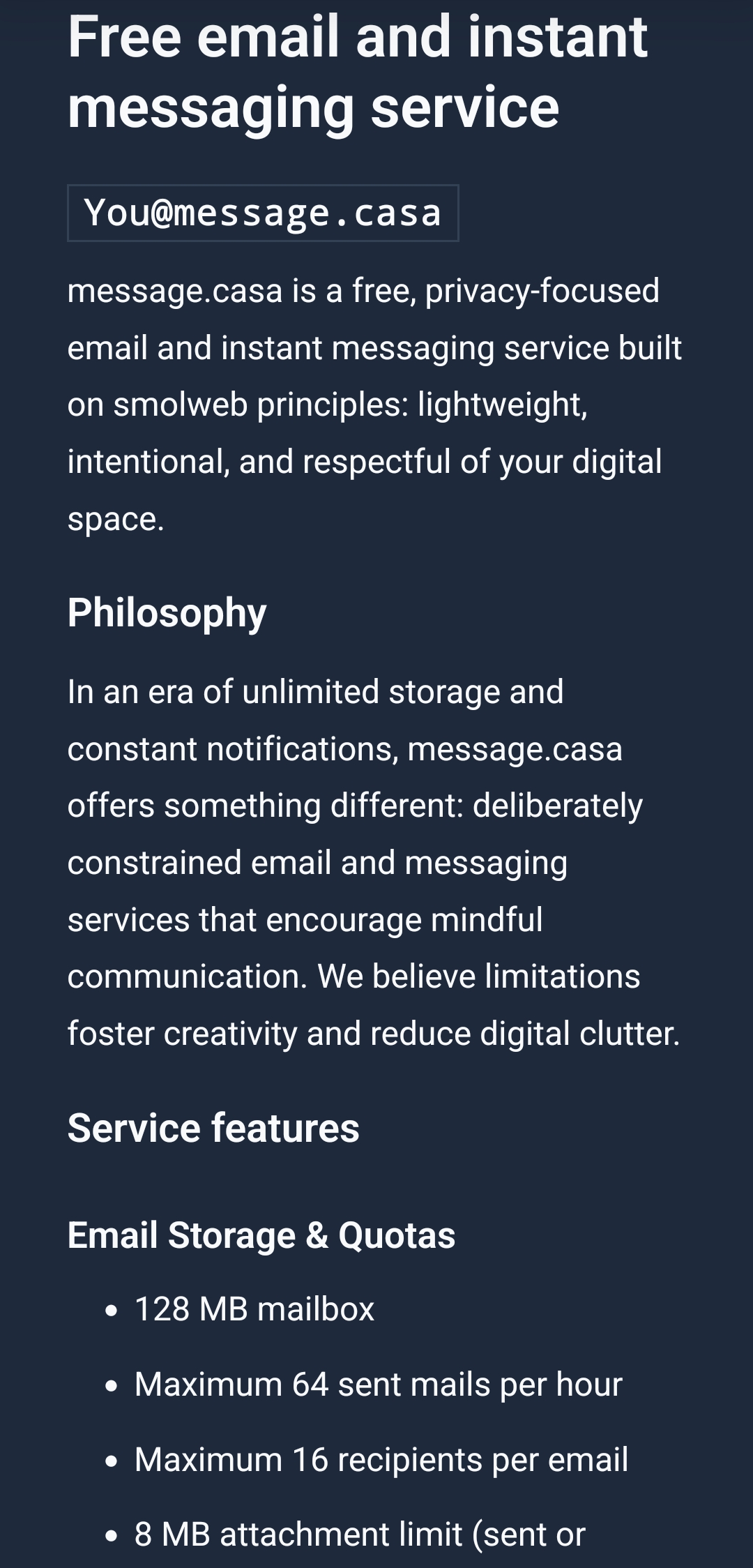 screenshot of https://message.casa/en/