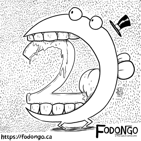 A drawing of La Rana holding a huge number 2 in its mouth.