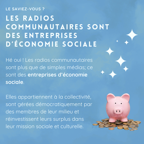 LE SAVIEZ-VOUS ?

Les radios communautaires sont des entreprises d’économie sociale

Hé oui ! Les radios communautaires sont plus que de simples médias; ce sont des entreprises d’économie sociale.

Elles appartiennent à la collectivité, sont gérées démocratiquement par des membres de leur milieu et réinvestissent leurs surplus dans leur mission sociale et culturelle.