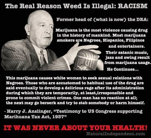 The Real Reason Weed Is Illegal: RACISM
Former head of (what is now) the DEA:
Marijuana is the most violence causing drug
in the history of mankind. Most marijuana
smokers are Negroes, Hispanics, Filipinos
and entertainers.
Their satanic music,
jazz and swing result
from marijuana usage.
He Continues...
This marijuana causes white women to seek sexual relations with
Negroes. Those who are accustomed to habitual use of the drug are
said eventually to develop a delirious rage after its administration
during which they are temporarily, at least,irresponsible and
prone to commit violent crimes. One man has no reaction at all;
the next may go berserk and try to stab somebody or harm himself.
- Harry J. Anslinger, “Testimony to US Congress supporting
Marihuana Tax Act, 1957”