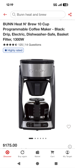 Screenshot showing the coffee maker and the price at target. Bunn heat and brew model.