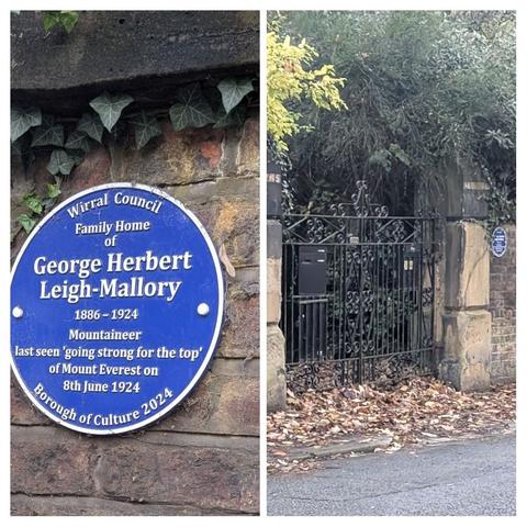 Collage. 
Left hand side, blue plaque for George Leigh Mallory.
Right hand side black iron gates between the wall where the plaque is attached.
Autumnal leaves scattered in front