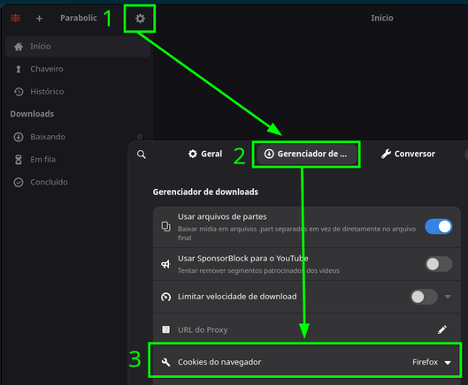 Screenshot do app Parabolic. No fundo, a tela principal do app, com uma barra lateral com diversas opções, no topo dela, à direita há um ícone de engrenagem (Preferências), destacado com um quadro e o número 1 em verde;  em destaque, está uma janela menor de preferências, com a opção "Gerenciador de" com um retângulo e o número 2 em verde; abaixo, há uma lista de configurações, a que tem destaque com um retângulo e número 3 em verde, é "Cookies do navegador", no qual está selecionado "Firefox".