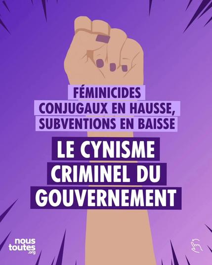 Le fond de chaque page est d’un violet clair. Aux quatre coins en en haut et  bas et à droite gauche des éclairs violet foncé.


Le logo « Nous Toutes » est placé en bas à gauche, en blanc, de la page 2 à la page 5.


Le titre au centre en majuscule en violet : “Féminicides conjugaux en hausse subventions, en baisse”. En blanc, un sous-titre :  “Le cynisme criminel du gouvernement”. 


Un visuel  représente un poing levé.