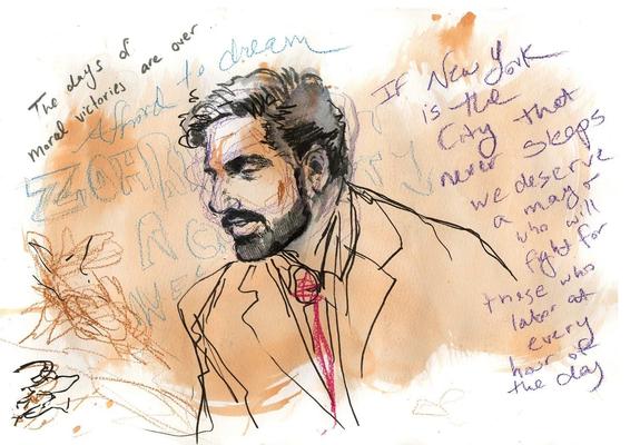 A Molly Crabapple colorized sketch of Zohran Mamdani, candidate for mayor of New York City with scribble notes suggesting the city deserves a mayor who will fight for those who labor.