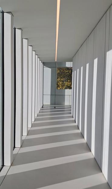 [pt] corridor interior com sombras projetadas no chao, teto e paredes brancas. Ao fundo, através de imã janela, a copa de umauma árvore

[en] interior of a hallway with shadows cast on the floor, ceiling, and white walls. In the background, through a window, the crown of a tree