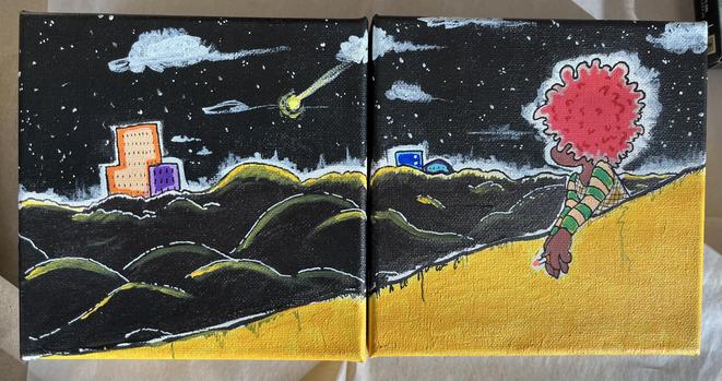 same painting of the person staring out into the nightscape, now with blue-white stars in the sky and some clouds. there's a meteor in the sky on the left-hand panel and the hills in the background now have light orange highlights along the top.