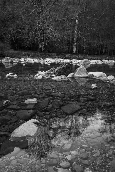 Español: fotografía en blanco y negro de un río de aguas claras con piedras en primer plano y árboles desnudos al fondo, reflejados en la superficie del agua.

English: black and white photograph of a clear river with stones in the foreground and bare trees in the background, reflected on the water’s surface.
