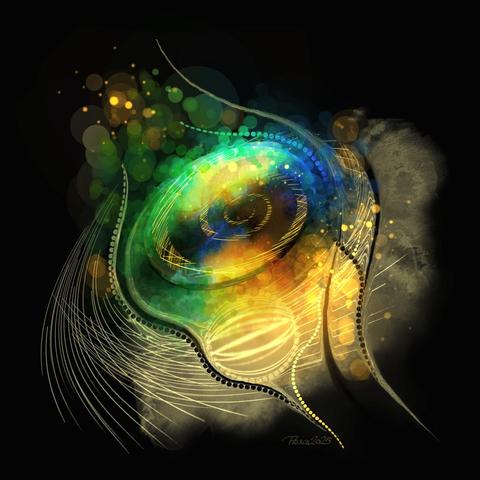 watercolour; abstract image of an angled swirl with earth colours disintegrating into circular colour dots with waved lines distorting the outer space of lines and patches