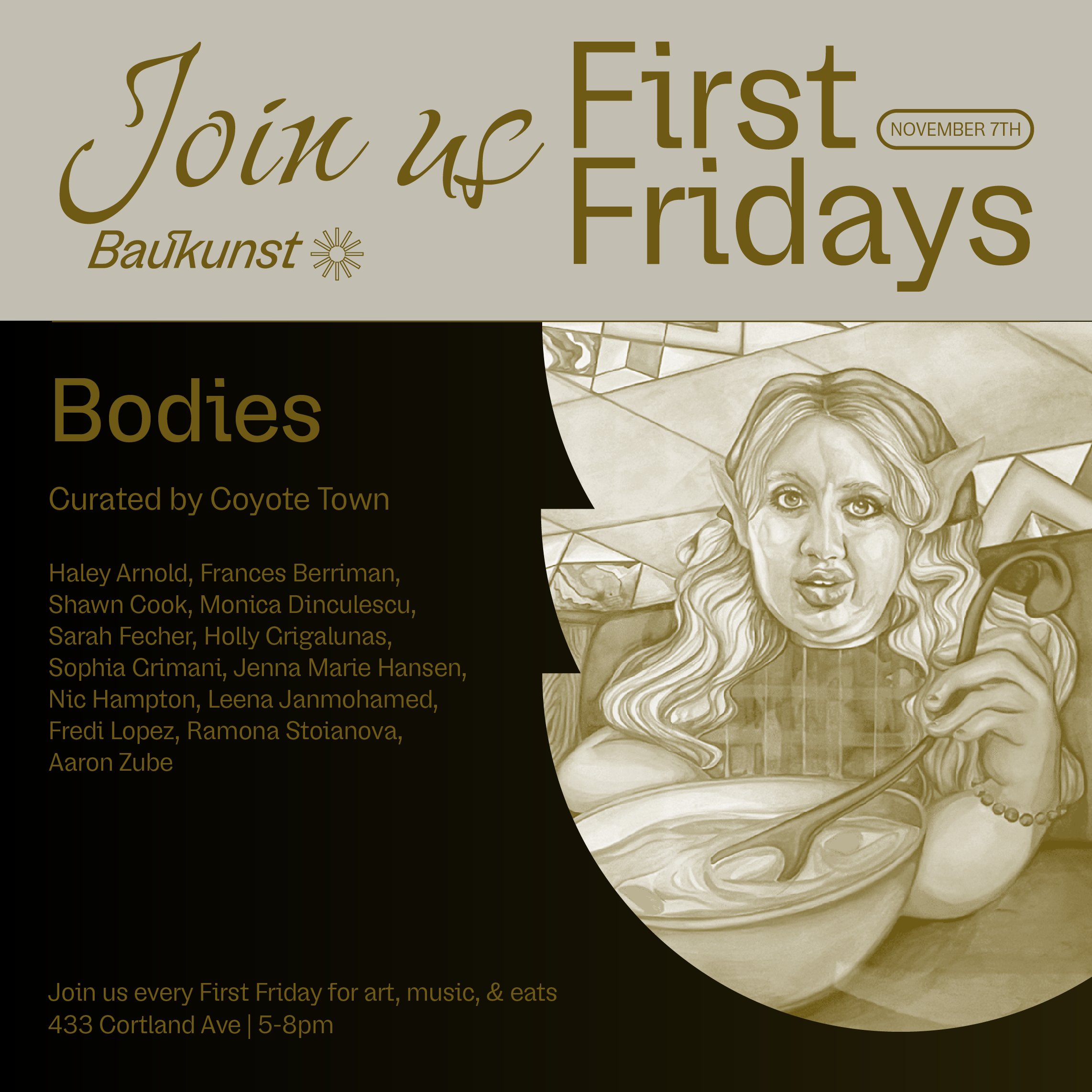 flyer for an art show at baukunst in bernal heights, friday evening