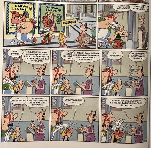 Rezeption im Comics, Person erklärt, dass Passwörter eine Zahl und ein Symbol enthalten müssen.