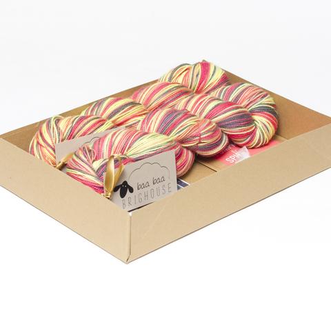 Picture shows an open A4 box containing two skeins of yarn in shades of black, yellow, red and coral. The other contents are obscured by the sides of the box.