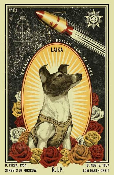 Memorial image for Laika.  The center features an illustration of Laika with her name above; the words "Started from the bottom now we here" circle the image of her.
There are roses around the bottom of the image and the upper part has a star-strewn sky with a rocket in the center and and engineering drawings of capsules.
The bottom has the text: B. Circa 1954 streets of moscow; D. Nov 3 1957 Low Earth Orbit