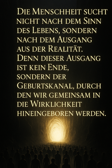 Zitat:
Die Menschheit sucht nicht nach dem Sinn des Lebens, sondern nach dem Ausgang aus der Realität. Denn dieser Ausgang ist kein Ende, sondern der Geburtskanal, durch den wir gemeinsam in die Wirklichkeit hineingeboren werden.