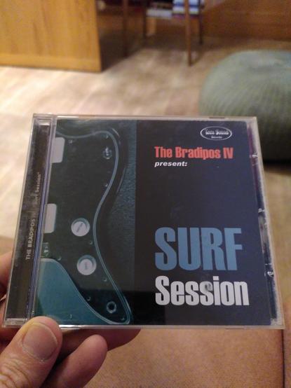 Una mano sinistra, della quale si vedono bene un pollice e un mignolo in basso a sinistra, mostra il suddetto CD, sulla cui copertina è raffigurata una mezza chitarra, sulla sinistra, mentre sulla destra è scritto The Bradipos IV present: Surf Sessione. Sullo sfondo si vedono un puff, le gambe di un tavolo e quelle di una sedia.