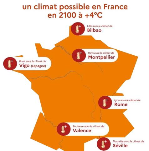 Carte de France schématique présentant des étiquettes sur quelques villes : Marseille aura le climat de Séville, Toulouse aura le climat de Valence, Lyon aura le climat de Rome, Lille aura le climat de Bilbao, Paris aura le climat de Montpellier, Brest aura le climat de Vigo
