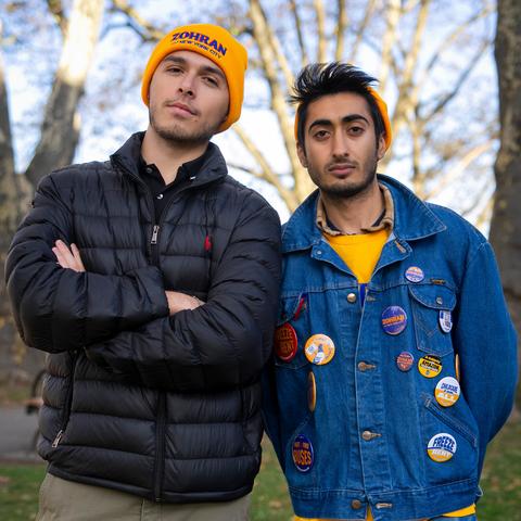 Samuel Levitan (left) and Ujji Bathla tell voters about Zohran Mamdani’s campaign platform to make New York City more affordable. But they were initially drawn by his pro-Palestinian politics.