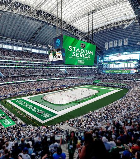 A mockup of AT&T Stadium filled with fans announcing the 2027 Navy Federal NHL Stadium Series that the Dallas Stars are hosting.