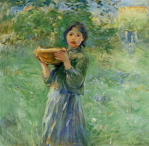 An Impressionist painting. In the midst of a green field, with trees in the background, hinting of summer, a young girl stands in the middle, somewhat awkwardly holding a bowl of milk to her chest, and looking out at us. She wears a blue dress and green jacket, has short dark hair, and looks at us with a direct, unwavering gaze.