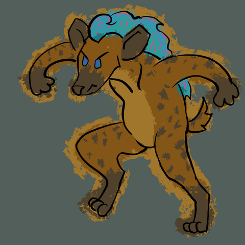 a badly drawn, painted outside of the lines, digital drawing of my hyena fursona doing some stompy stomps with his arms up trying to be mean
emphasis on trying